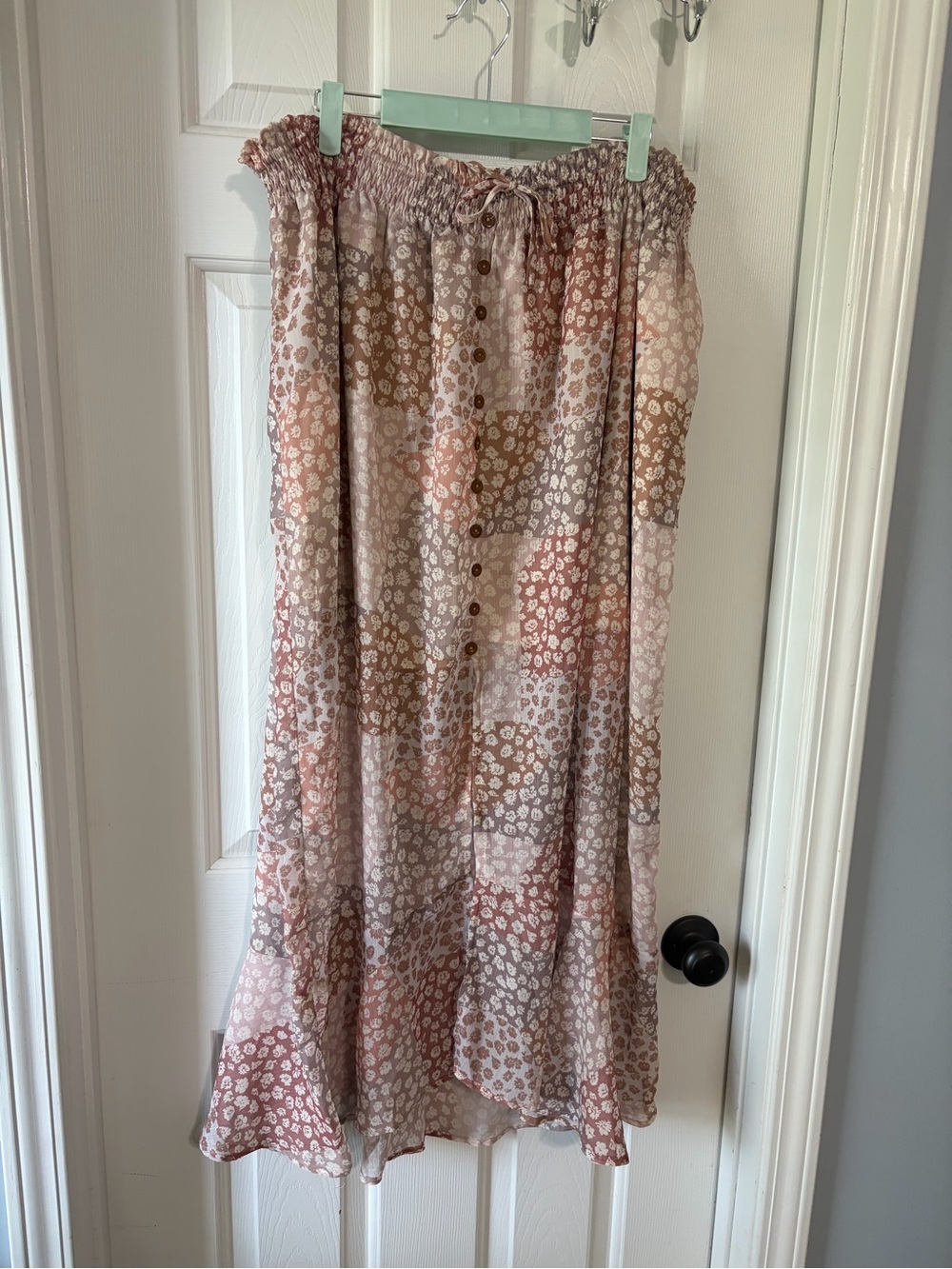 Smocked Waist Floral Patchwork Midi Skirt with Slit